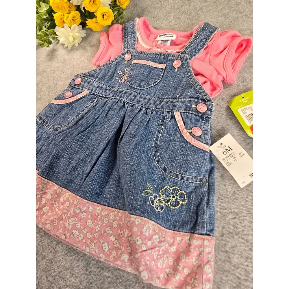 Genuine Baby OshKosh 6m Denim Jumper Dress Pink Bodysuit Floral Y2K Deadstock